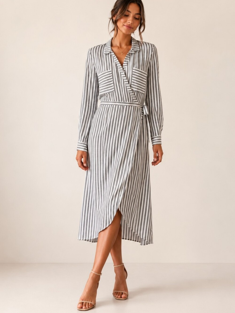 Whistles Striped Long Sleeve Wrap Dress